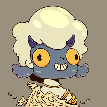 A cartoon blue creature with huge eyes and fluffy white hair sits waiting on a small pile of straw. Its wide-eyed, still pose matches the post’s sentiment, “Patiently waiting.”