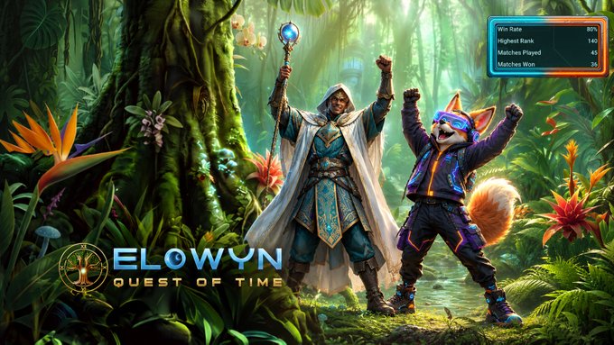Promotional artwork for 'ELOWYN QUEST OF TIME', showing a robed figure holding a staff and a person in a fox mask, with a stat panel showing an 80% Win Rate.