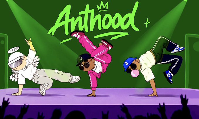 An illustration features three cartoon monkeys breakdancing on stage under green spotlights with the text "Anthood" and a crown above.