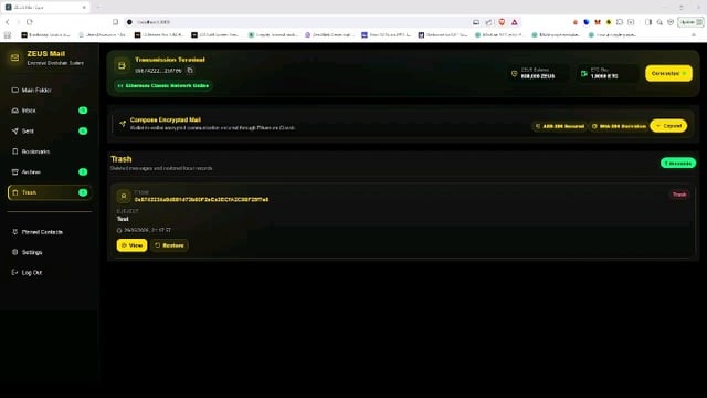 The image shows a computer screen displaying an open web browser window with a webpage about a wallet-to-wallet encrypted mail dApp, which appears to be powered by Proof-of-Work ZEUS. The text on the page indicates that this app is designed for Bitcoin users and can be used as a secure method of sending Bitcoins between accounts or wallets.