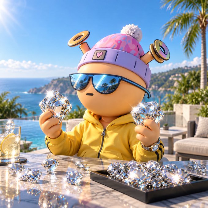 A 3D-rendered cartoon character wearing a pink and purple hat and sunglasses sits at an outdoor table by the ocean, holding two large diamonds with more diamonds scattered on the table and a tray in front of them.