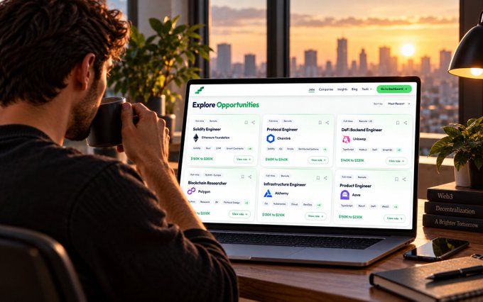 A man sips from a mug while viewing a Web3 job board titled "Explore Opportunities" on his laptop, featuring listings like Solidity Engineer, Protocol Engineer, and DeFi Backend Engineer.
