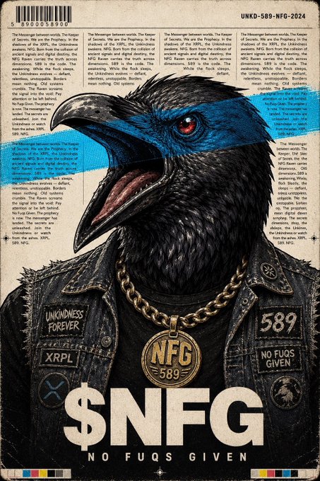 A stylized illustration of a crow wearing a denim jacket and gold "NFG 589" pendant, with "$NFG NO FUQS GIVEN" text and newspaper-style background text describing "The Unkindness."
