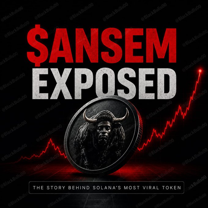 A promotional thumbnail featuring a black coin emblazoned with a horned warrior's face against a dramatic red chart trendline, headlined with bold text reading "$ANSEM EXPOSED" and a subtitle "THE STORY BEHIND SOLANA'S MOST VIRAL TOKEN." The dramatic red-and-black color scheme and ascending chart visually reinforce the post's teaser about the token's viral 1000x price surge on Solana.
