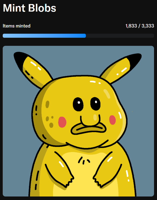 A 'Mint Blobs' progress screen displays a sad-looking Pikachu character with 'Items minted' at 1,833 / 3,333.