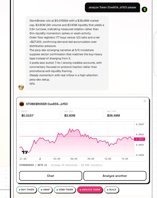 A chatbot conversation analyzing the token $TONBROKER (0xe934...bf50), showing a price of $0.0157, $3.60M 24h volume, and $38.48M market cap, with commentary describing it as a buy-heavy tape.