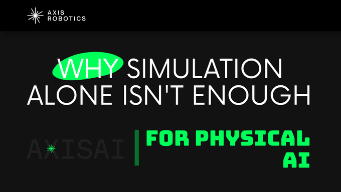 A presentation slide from Axis Robotics with text reading 'WHY SIMULATION ALONE ISN'T ENOUGH FOR PHYSICAL AI' and 'AXIS AI' in green.