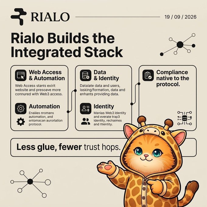 A promotional infographic from "Rialo" titled "Rialo Builds the Integrated Stack" describing features like Web Access & Automation, Data & Identity, and Compliance, illustrated with a cute cartoon cat wearing a giraffe-patterned onesie.