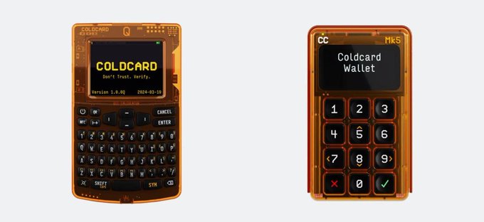 Two orange cryptocurrency hardware devices are shown side by side: a Coldcard with a QWERTY keyboard displaying 'COLDCARD - Don't Trust. Verify.' and a Coldcard Wallet MkS with a numeric keypad.