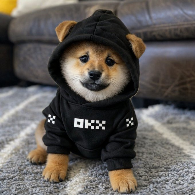 An adorable Shiba Inu puppy wearing a black hoodie with 'OKX' written across the chest sits on a gray rug in front of a dark leather couch.