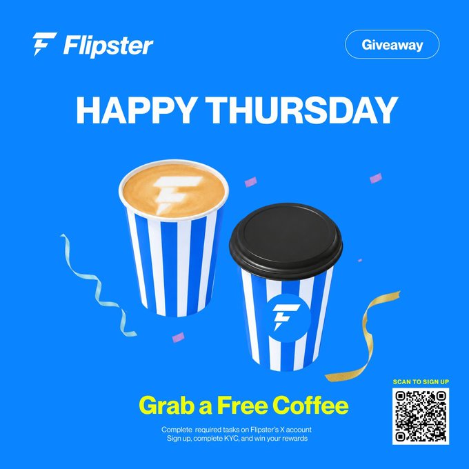 A Flipster promotional graphic for "#FlipsterHappyThursday" features two coffee cups—one displaying latte art with the Flipster "F" logo and another branded with the company's logo—alongside the text "Grab a Free Coffee" on a blue background, with a QR code for signing up to win 5 USDT rewards.