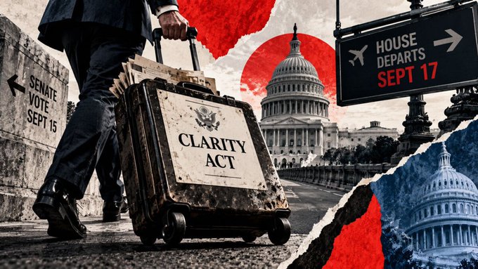 A person in a suit wheels a briefcase labeled "CLARITY ACT" through torn paper imagery featuring the U.S. Capitol, accompanied by signs reading "SENATE VOTE SEPT 15" and "HOUSE DEPARTS SEPT 17" — visually illustrating the tight 48-hour window between the Senate's procedural cloture vote and the House's departure for the post's calendar squeeze warning.