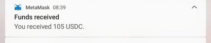 A MetaMask alert notification at 08:39 displays "Funds received - You received 105 USDC," confirming the digital payment referenced in the celebratory post about getting paid.
