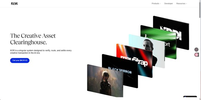 A landing page for KOR Protocol featuring the headline "The Creative Asset Clearinghouse" alongside a fanned display of media tiles showcasing various creative works including a "BLACK MIRROR" still, an "AlienStage" title card, and character artwork. The page includes navigation for "Products," "Developer," and "Resources," along with a "Get your $KOR ID" button, visually representing the AI-era creative transaction settlement platform described in the accompanying post.