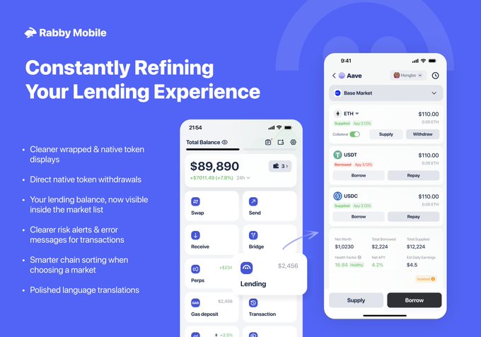 A promotional graphic for Rabby Mobile's updated lending interface, showcasing two phone mockups displaying a Total Balance of $89,890 with features like wrapped/native token displays, lending balance visibility, improved risk alerts, and chain sorting, alongside an Aave Base Market screen showing ETH ($110.00), USDT ($110.00), and USDC ($110.00) supply/borrow options—directly illustrating the "Constantly Refining Your Lending Experience" update.
