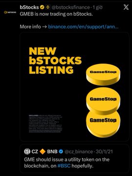 A screenshot of a tweet from bStocks announcing "GMEB is now trading on bStocks" alongside a "NEW bSTOCKS LISTING" graphic featuring GameStop references, paired with a 2021 tweet from CZ (CZ_BNB) suggesting GameStop should issue a utility token on the BSC blockchain.