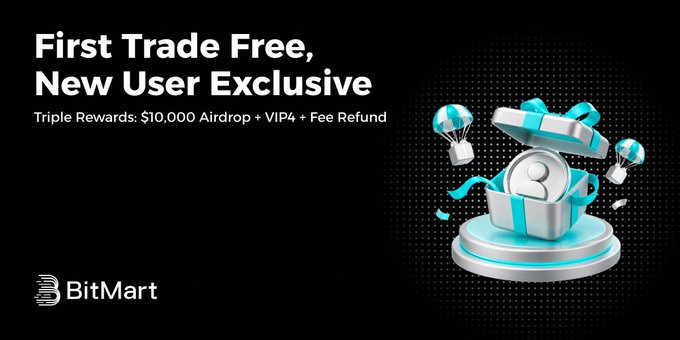 The image features an advertisement for first trade free with new user exclusive. It shows an open present on a gold base that contains a gift box and some balloons, along with three parachutes attached to the present. The text of the post emphasizes the advantages of being a new user, including triple rewards worth $10,000 in airrop VIP4 + fee refund, a VIP4 surprise Airdrop, and a unique trading experience card (VIP4) for free.