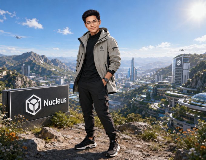 A promotional image featuring a young man in a gray jacket standing in front of a futuristic city landscape with the Nucleus logo displayed on a sign.