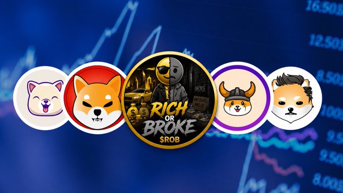 A promotional graphic for a meme coin called 'RICH OR BROKE $ROB' with dog-themed mascots and a masked figure, displayed against a stock chart background.