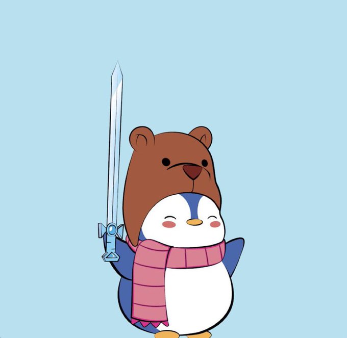 A cute cartoon penguin wearing a pink scarf with a brown bear-like hood holds a blue crystal sword against a light blue background.