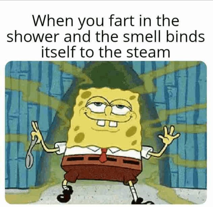 A meme featuring SpongeBob SquarePants with a content smile and text reading 'When you fart in the shower and the smell binds itself to the steam'.