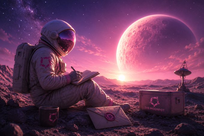 A sci-fi illustration showing an astronaut writing in a notebook on a rocky alien planet surface, with a large pink moon, a satellite dish, and a container labeled 'THE MOONPOT' visible.