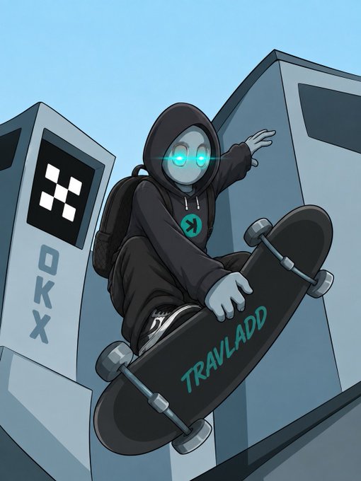 A hooded, glowing-eyed character rides a skateboard labeled "TRAVLADD" between OKX-branded buildings, visually echoing the post's theme of crypto trading strength at market open, while promoting the OKX exchange through its prominent logo and stylized mascot.