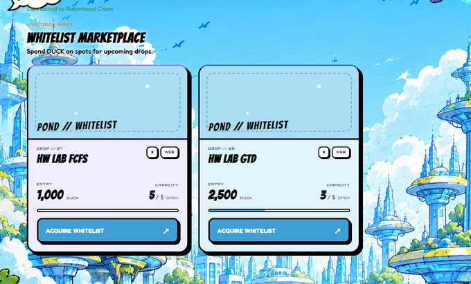 Screenshot of a 'WHITELIST MARKETPLACE' interface where users can spend $DUCK on spots for upcoming drops, showing two entries: 'HW LAB CCFS' for 1,000 $DUCK and 'HW LAB GTD' for 2,500 $DUCK.