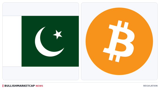 A news graphic shows the Pakistan flag next to an orange Bitcoin logo, with 'BULLISHMARKETCAP NEWS' and 'REGULATION' labeled at the bottom.
