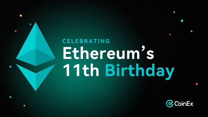 A dark promotional graphic with the Ethereum logo and text reading 'CELEBRATING Ethereum's 11th Birthday' alongside the CoinEx logo.