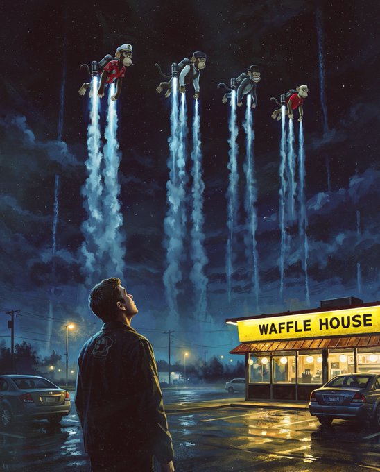 A lone man gazes up in astonishment as jetpack-wearing monkeys soar through the night sky in a skyward procession, their fiery exhaust plumes trailing behind them above a glowing "WAFFLE HOUSE" sign, capturing the surreal crypto-fantasy vibe of "when monkes fly."