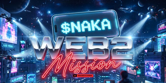 A vibrant promotional graphic with a cyberpunk cityscape background featuring drones and neon billboards, centered around a smartphone displaying '$NAKA' above the large text 'WEB3 Mission' and '@NAKAMOTOGAMES'.