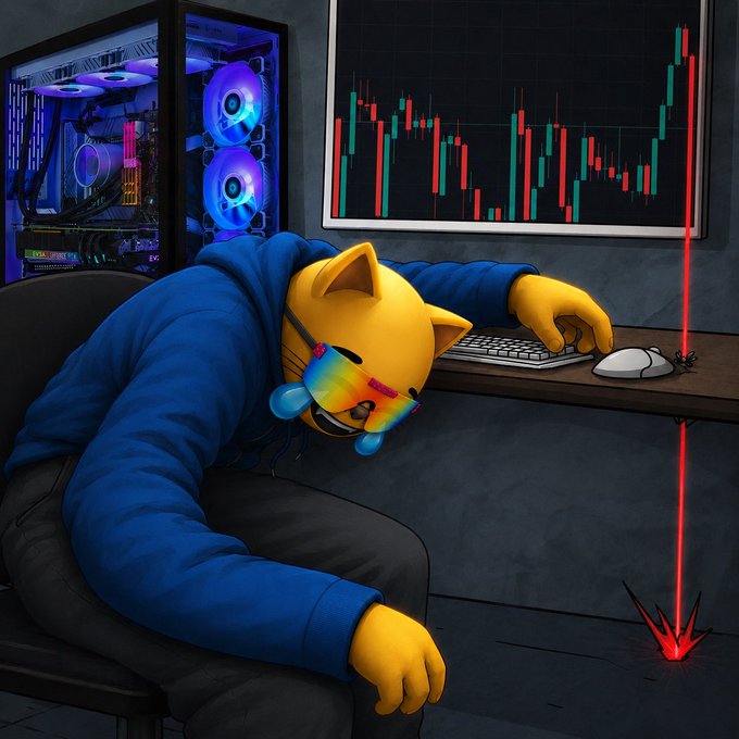 A digital illustration of a cat-headed character in a blue hoodie slumped over a desk in front of a computer, with a stock chart on the wall showing a sharp decline indicated by a red arrow.