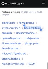 The image displays the Archive Program website featuring a list of "Featured projects // 2020 Arctic Vault," highlighting repositories including dotnet/core, torvalds/linux, python/cpython, **bitcoin/bitcoin**, rails/rails, docker/machine, nodejs/node, and others. This relates to the post by confirming that the **bitcoin/bitcoin** repository is among those preserved in GitHub's Arctic Code Vault, a long-term data preservation initiative where repositories were archived in the Arctic.