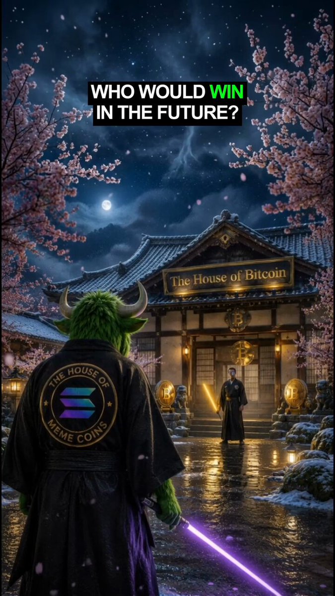 The image features a green dragon standing next to a building with a banner that says "The House of Bitcoin". The dragon appears to be wearing a robe, which could be interpreted as a symbol of power or authority. In front of the dragon is a person holding a sword, suggesting they are ready for battle. The background includes trees and a sky filled with stars, creating an atmosphere of mystery and intrigue. The image also contains text that reads "Who would win in the future? Will Solana overtake Bitcoin's dominance?". This question seems to be posed by someone who is interested in the ongoing rivalry between Bitcoin and Solana.