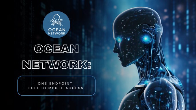 A promotional graphic for 'OCEAN NETWORK' featuring a glowing blue cyborg or AI head on the right and text reading 'ONE ENDPOINT. FULL COMPUTE ACCESS.' on the left.