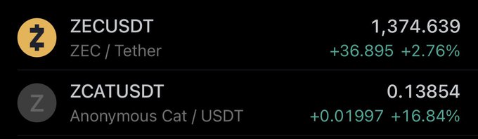 The image shows a cryptocurrency price ticker displaying ZECUSDT (ZEC/Tether) at $1,374.639 with a +2.76% gain, alongside ZCATUSDT (Anonymous Cat/USDT) at $0.13854 with a +16.84% surge. The notably higher percentage gain on $ZCAT compared to $ZEC visually reinforces the post's claim that $ZCAT serves as a leveraged play on $ZEC, amplifying its price movements.