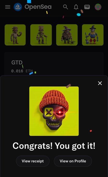 An OpenSea NFT marketplace screenshot showing a purchase confirmation "Congrats! You got it!" for an NFT called "GTD" priced at 0.016 ETH, featuring a skull with a beanie and glowing red eye.
