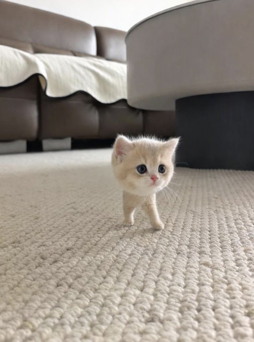 A small, cream-colored kitten with blue eyes walks across a textured beige carpet with a brown leather sofa in the background.