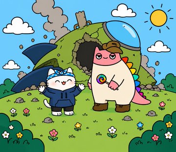 A simple cartoon drawing of a white cat-like character in a wizard hat standing next to a dinosaur character in a spacesuit and goggles in front of a damaged, cracked green spaceship in a grassy field with flowers.