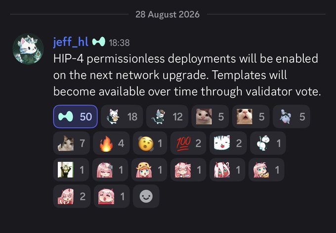 A Telegram post dated '28 August 2026' from user 'jeff_hl' at 18:38 announcing that 'HIP-4 permissionless deployments will be enabled on the next network upgrade. Templates will become available over time through validator vote,' with various emoji reactions.