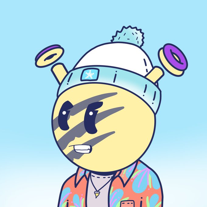 A digital illustration of a yellow, round cartoon character wearing a winter beanie and a colorful floral shirt with a pendant necklace, set against a light blue sky.