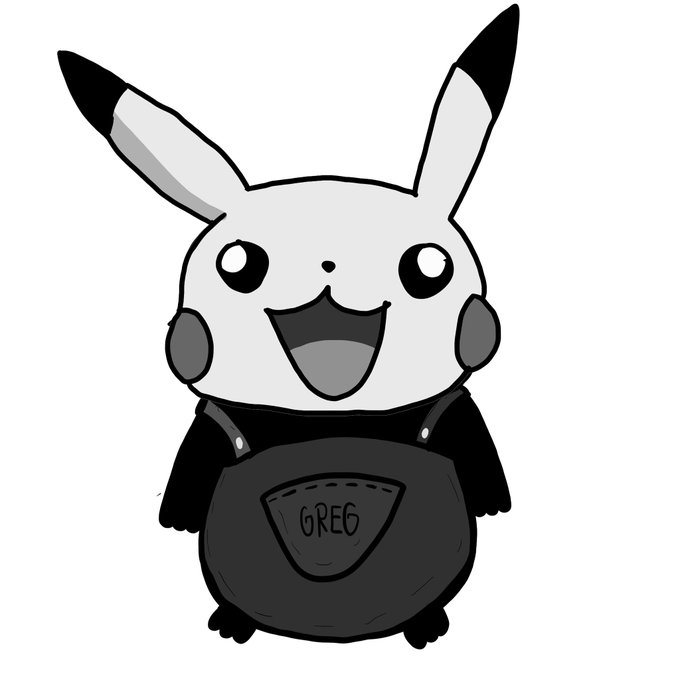 The image features a cartoon-style drawing of a Pikachu character, wearing an apron with the name "Greg" written on it. Pikachu appears to be smiling, giving off a happy vibe. The drawing is black and white, which adds a classic touch to the overall composition. Below the drawing, there's a post that reads: 
"Post Eth wallets below for chance at GTD". This message seems to be related to an event or promotion involving electronic wallets, possibly related to the Pokemon character Pikachu.