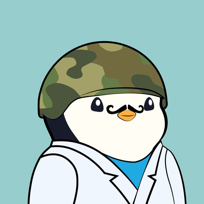 A cartoon penguin wearing a camouflage military helmet and a white lab coat with a mustache on a teal background.