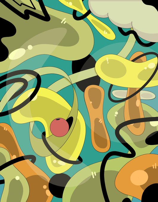 An abstract cartoon-style illustration features overlapping organic, blob-like shapes in shades of green, yellow, orange, and brown, with swirling black lines and a small red sphere scattered throughout a teal background.