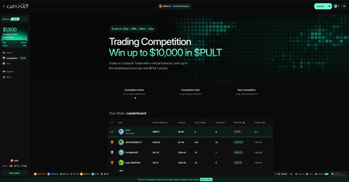 A screenshot of the Catapult trading competition platform showing a 'Trading Competition' page where users can win up to $10,000 in $PULT, with a visible leaderboard featuring stats like Current Balance, Volume, Total Trades, and Launchpad for top users.