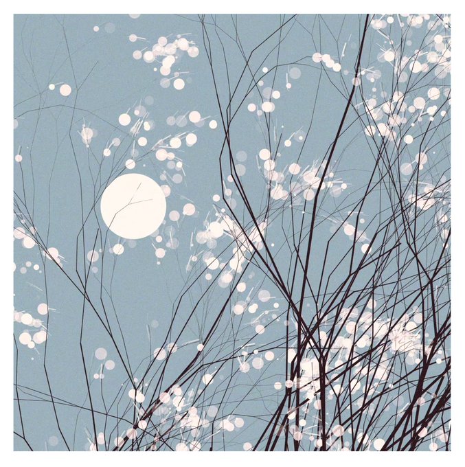 Minimalist illustration of a full moon glowing through delicate bare branches and small white berries against a muted blue-gray sky.
