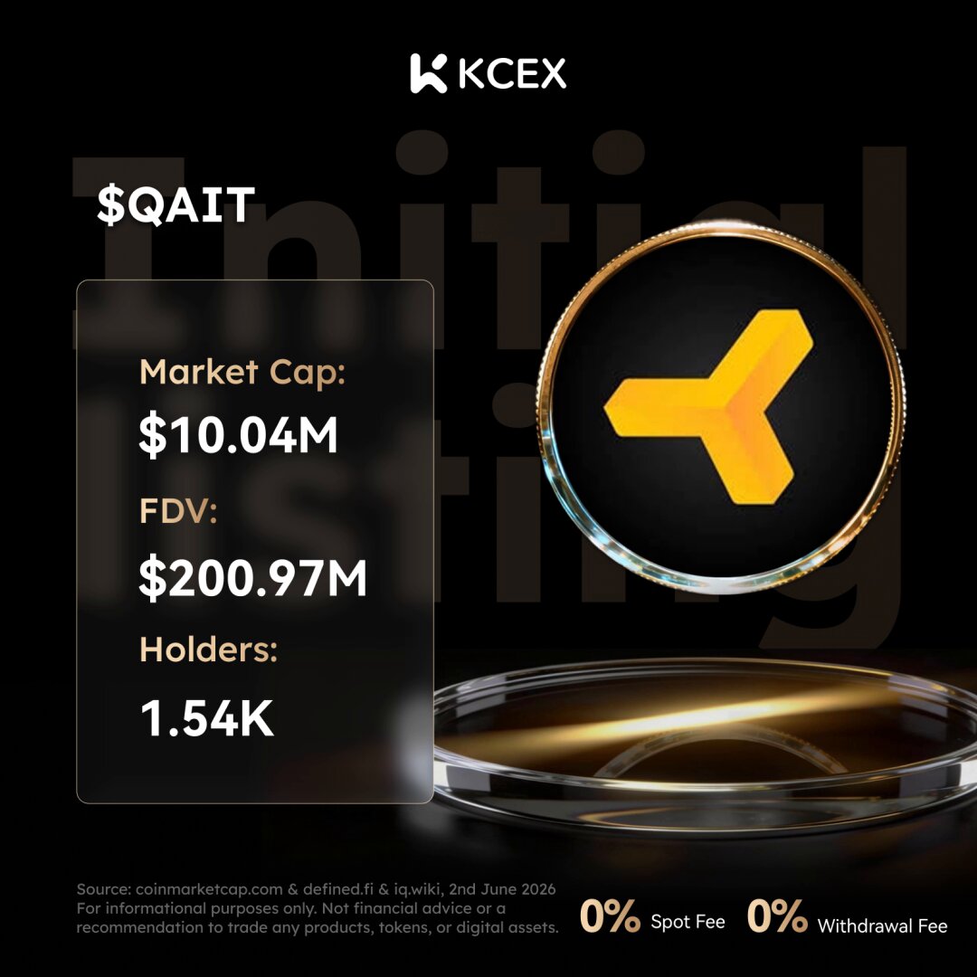 The image features a gold coin with an upward-pointing triangle logo, which is the native token of the QAIT Association (Swiss non-profit). The QAIT Association is an organization that focuses on developing and promoting blockchain technology for financial inclusion and economic empowerment. The QAIT Association's native token serves as the programmable settlement token for machine-to-machine transactions and autonomous AI agent economies, enabling users to send and receive payments using their tokens.