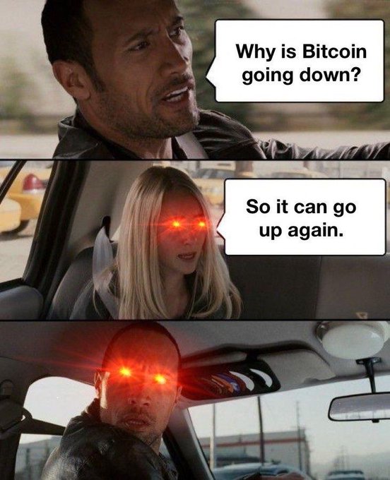 The image shows a man wearing a black jacket driving a car with a woman sitting next to him. There are three different versions of the same scene displayed vertically below each other. The first version features a man talking into a microphone, while the second one has a woman in the car who is also talking into a microphone. The third version shows both the man and the woman engaged in conversation. Below these three images, there's a caption that reads "Why is Bitcoin going down? So it can go up again."