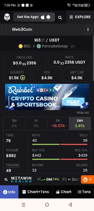 Mobile screenshot of a cryptocurrency tracking app showing 'Web3Coin' (W3/USDT) on PancakeSwap V2, with a price of $0.112356 USD, $1.5K liquidity, $4.9K market cap, and a Rainbet crypto casino advertisement.